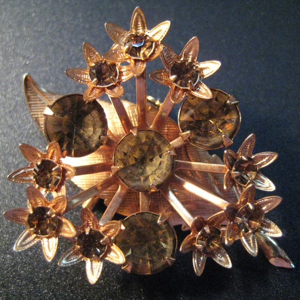 Vintage Amber Colored Rhinestone Floral Brooch