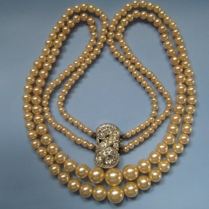 Double Strand of Graduated Glass Pearls with Art Deco Rhinestone Clasp