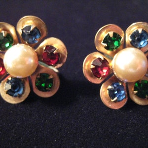 Vintage Coro Multicolored Rhinestone and Glass Pearl Earrings