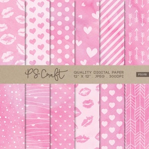 Watercolor Valentine Digital Paper, SEAMLESS Pink Papers, Pink Watercolor, Hearts Digital Paper, Valentine Papers