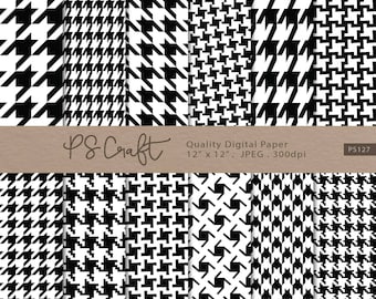 Paquete de papel digital pata de gallo, blanco y negro, sin costuras (descarga instantánea)
