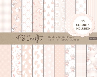Soft Pink Baby Girl Digital Paper Pack, Seamless Patterns (Digital Download)