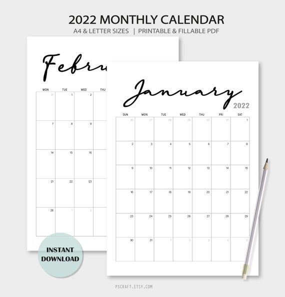 printable fillable 2022 monthly calendar portrait minimalist etsy ireland