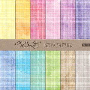 Puede incluir: Un conjunto de 12 papeles digitales que presentan una variedad de colores y texturas. Los papeles tienen una textura de lino con un sutil efecto acuarela. Los colores incluyen amarillo, naranja, rosa, morado, azul, verde y marrón. Los papeles miden 30,48 cm por 30,48 cm y tienen una resolución de 300 dpi.