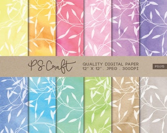 Watercolor Leaves Digital Paper, Seamless Floral Pattern (Digital Download)