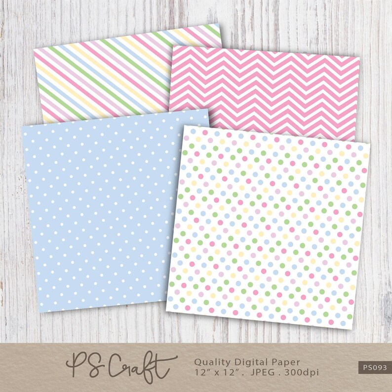 May include: Set of four 12x12 inch digital papers with pastel colors and patterns. The patterns include stripes, polka dots, and chevron.