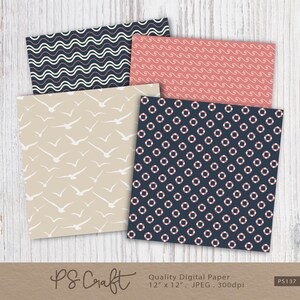 Nautical Digital Paper Pack, Coral & Navy Blue, Ocean Theme (Digital Download) image 3