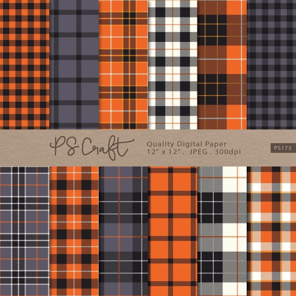 Halloween Plaid Digital Paper, SEAMLESS Plaid Digital Paper, Orange Tartan Scrapbook Paper, Orange Black Grey Gingham