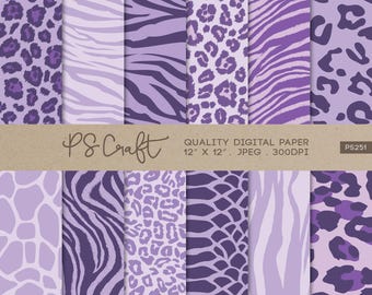 Papel digital com estampa animal roxa, padrões safari sem emendas (download digital)