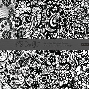Black Lace Digital Papers, SEAMLESS Digital Lace Papers, Black Lace on Transparent, 300 dpi JPEG PNG
