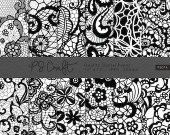 Black Lace Digital Papers, SEAMLESS Digital Lace Papers, Black Lace on Transparent, 300 dpi JPEG PNG