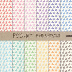 May include: A selection of digital paper sheets with a repeating triangle pattern in various colours, including red, pink, purple, blue, green, and orange. The paper is 30.48 cm x 30.48 cm and features the text "PS Craft QUALITY DIGITAL PAPER".