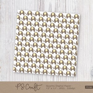 May include: A square sheet of digital paper featuring a repeating pattern of brown elephants with yellow ears on a white background. The paper is 12 inches by 12 inches and is labeled "Quality Digital Paper" by PS Craft.
