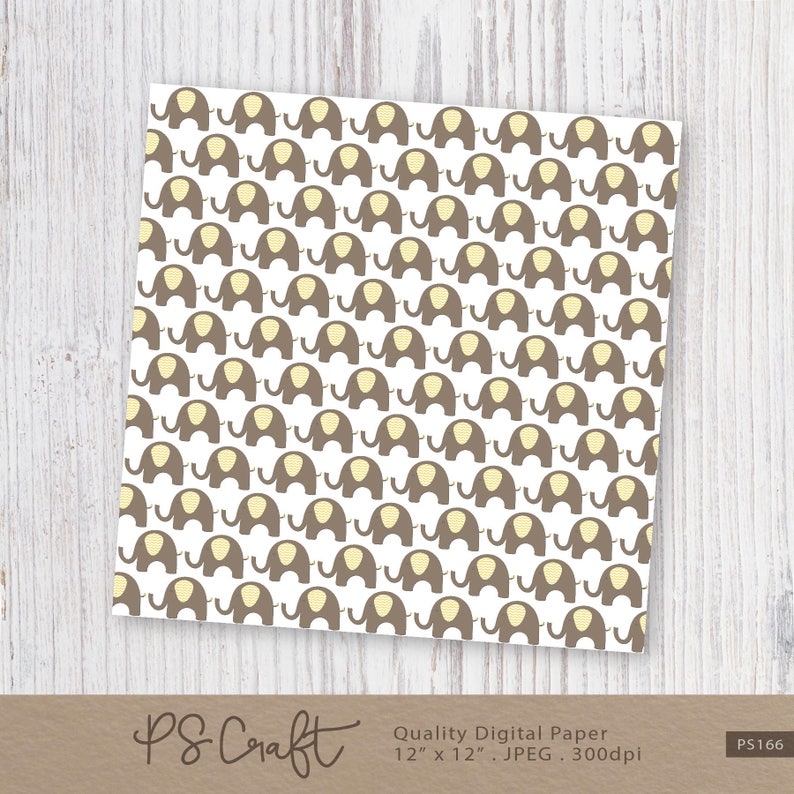 May include: A square sheet of digital paper featuring a repeating pattern of brown elephants with yellow ears on a white background. The paper is 12 inches by 12 inches and is labeled "Quality Digital Paper" by PS Craft.