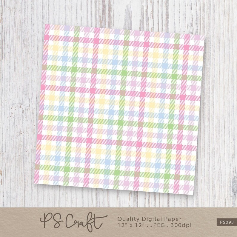 May include: A digital paper pattern with a pastel plaid design. The pattern features alternating stripes of pink, yellow, green, and blue. The background is white. The paper is 12 inches by 12 inches and 300 dpi.