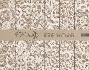 Lace Burlap Digital Papers, Rustic Fabric Pattern (Digital Download)