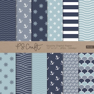 Nautical digital papers, Seamless Navy Blue Digital Paper, NAUTICAL Patterns with anchors, starfish, waves, stripes