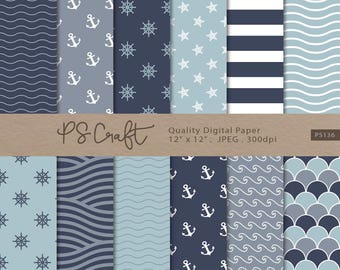 Nautical Navy Blue Digital Paper, Seamless Anchor Patterns (Digital Download)