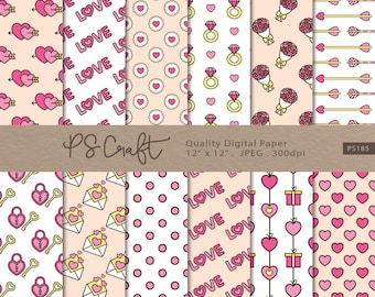 Carta digitale kawaii per San Valentino, cuori rosa, motivi senza soluzione di continuità (download digitale)