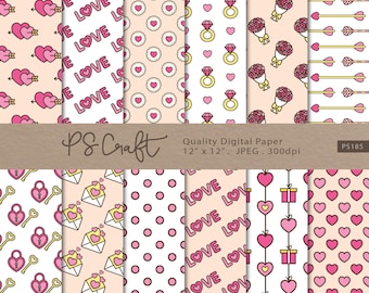 Cute Valentine's Digital Paper, Kawaii Pink Digital Paper, Hearts Digital Paper, Scrapbook Paper, Seamless Patterns