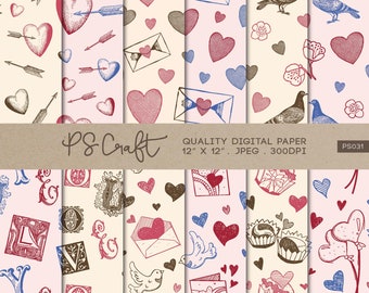 Valentine Digital Paper Pack, Heart Patterns (Digital Download)