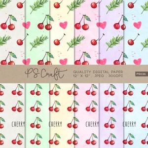 Watercolor Cherry Digital Papers, SEAMLESS Cherry Digital Paper, Valentine&#39;s Day Papers
