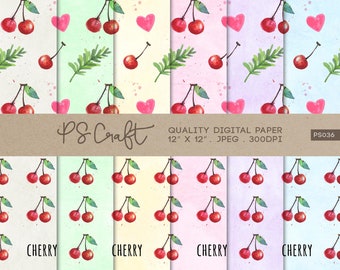 Watercolor Cherry Digital Papers, SEAMLESS Cherry Digital Paper, Valentine's Day Papers