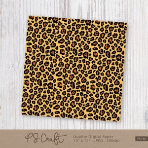 Puede incluir: Un papel digital con un patr&oacute;n sin costuras de manchas de leopardo negras y naranjas sobre un fondo amarillo. El papel mide 30,48 cm por 30,48 cm y tiene una resoluci&oacute;n de 300 dpi.
