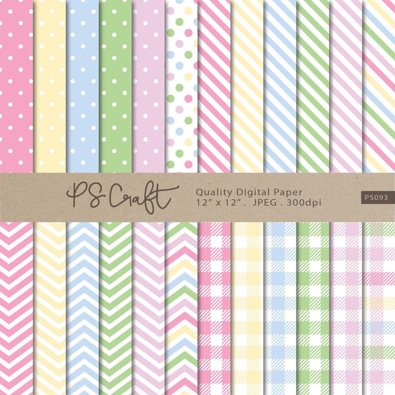 May include: A set of 12 digital papers featuring various patterns in pastel colors, including polka dots, stripes, chevron, and gingham. The papers are 12 inches by 12 inches and 300 dpi.