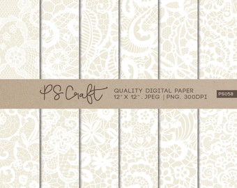 SEAMLESS White Lace Digital Papers, Transparent Lace Overlay, Floral Wedding Themed Patterns, 300 dpi JPEG PNG