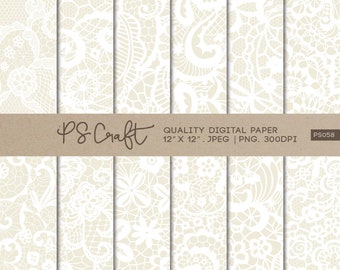 SEAMLESS White Lace Digital Papers, Transparent Lace Overlay, Floral Wedding Themed Patterns, 300 dpi JPEG PNG