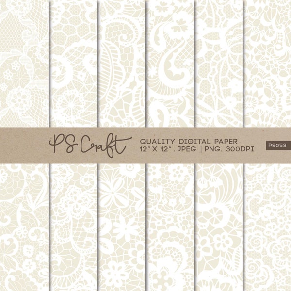 SEAMLESS White Lace Digital Papers, Transparent Lace Overlay, Floral Wedding Themed Patterns, 300 dpi JPEG PNG