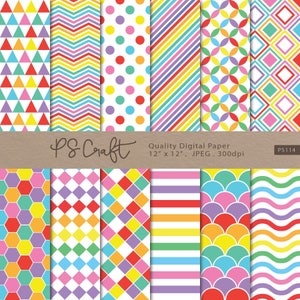 Rainbow Color Digital Papers, SEAMLESS Rainbow digital paper with Zigzag, Polka dots, Triangle, Instant Download