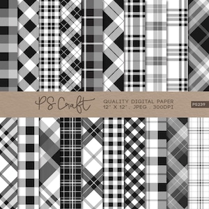 SEAMLESS Black & White Plaid Digital Paper, Gingham Tartan Plaid Background, Plaid Printable, Plaid Patterns Scrapbook Paper