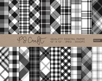 Black and White Plaid Digital Paper, Tartan Scrapbook Patterns (Digital Download)