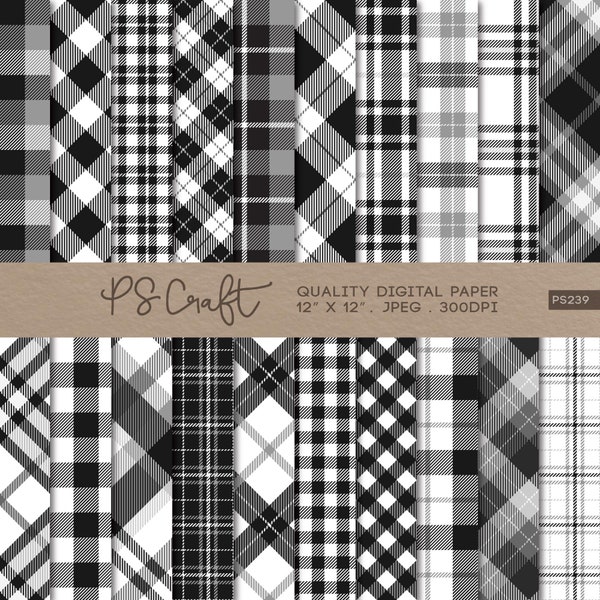 SEAMLESS Black & White Plaid Digital Paper, Gingham Tartan Plaid Background, Plaid Printable, Plaid Patterns Scrapbook Paper