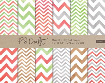 Christmas Theme Chevron Watercolor Digital Papers, Watercolor Zigzag Background, Zigzags Wallpaper,  Rainbow Zigzag Pattern