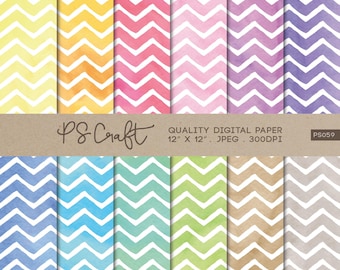 Watercolor Chevron Digital Paper, Seamless Zigzag Patterns (Digital Download)