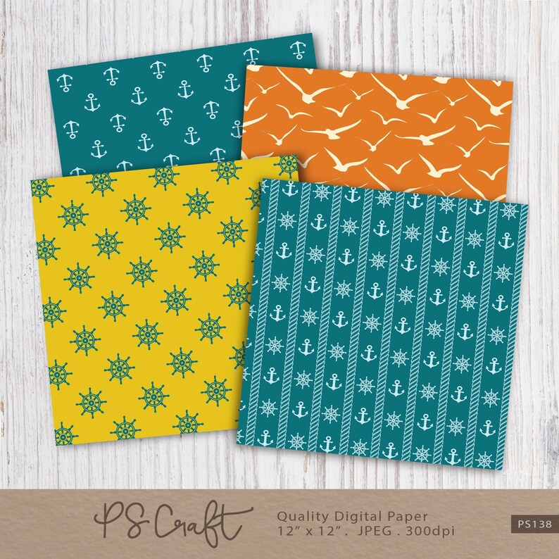 Puede incluir: Conjunto de cuatro dise&ntilde;os de papel digital con temas n&aacute;uticos. Los dise&ntilde;os incluyen anclas, ruedas de barcos y gaviotas sobre un fondo azul, amarillo y naranja. Cada dise&ntilde;o mide 30,5 cm por 30,5 cm y 300 dpi.