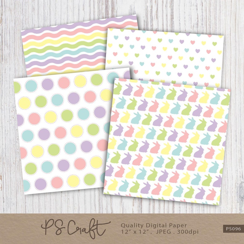 May include: Four digital paper designs featuring pastel colors and Easter-themed patterns. The designs include a wavy stripe pattern, a heart pattern, a polka dot pattern, and a bunny silhouette pattern.