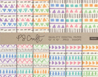Pacote de Papel Digital Aquarela Tribal, Padrões Geométricos (Download Digital)