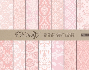 Blush Pink Damask Digital Papers, Seamless Scrapbook Paper (Instant Download)