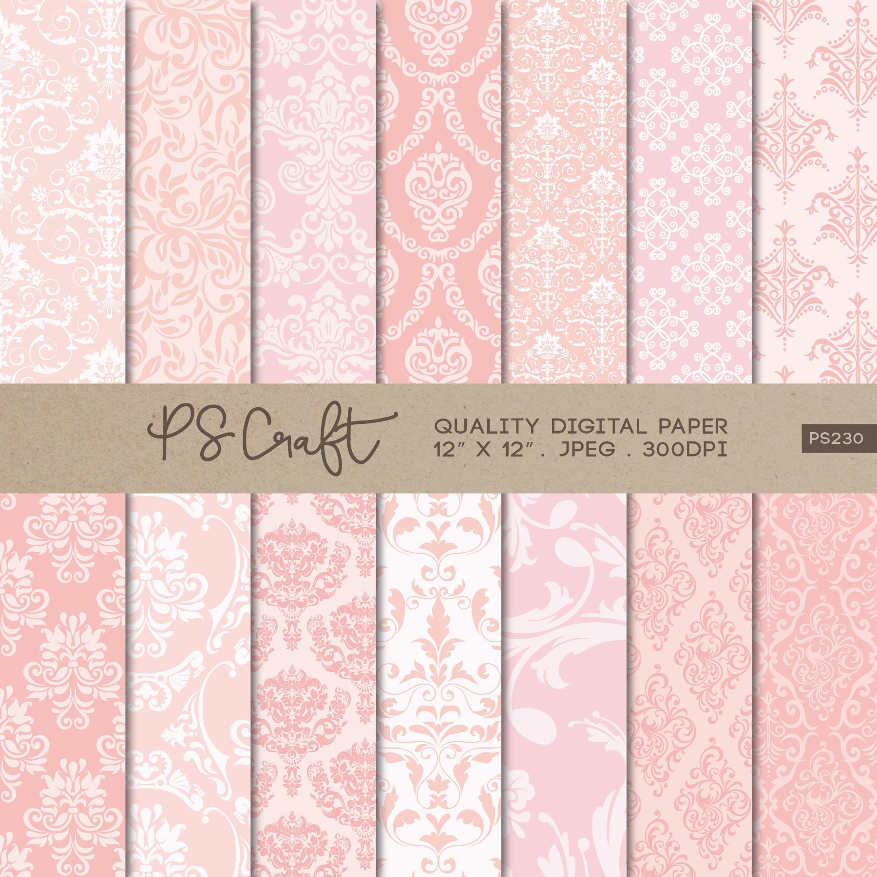 Blush Pink Damask Digital Papers, Seamless Scrapbook Paper (instant ...
