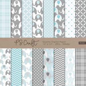 Elephant Digital Papers, SEAMLESS "Baby Blue & Gray" Elephant Background, Baby Boy Shower Paper Pack, Blue Invitation