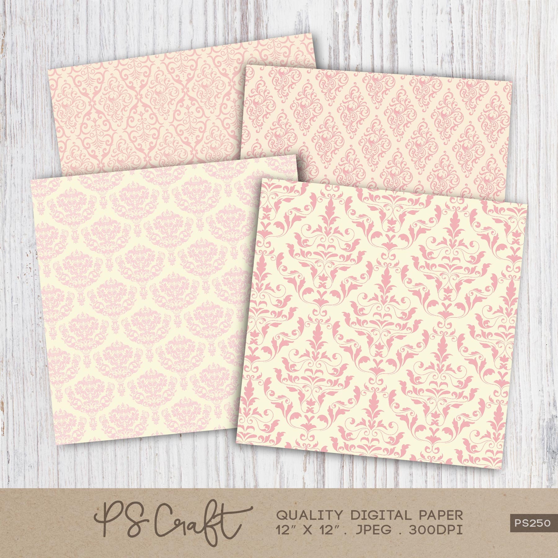 Blush Pink Damask Digital Paper Pack, Seamless Vintage Pattern (instant ...