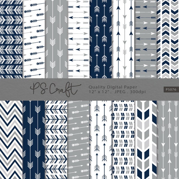 Navy & Grey Arrows Digital Papers, SEAMLESS Arrows Papers, Tribal Papers, Arrow Patterns - Instant Download