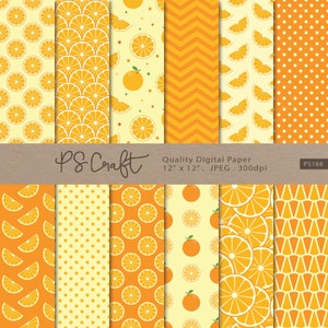 Op de afbeelding: Set van 8 digitale papieren met sinaasappelschijfjes en hele sinaasappelen op een gele achtergrond. De papieren zijn 30,5 cm bij 30,5 cm en 300 dpi.  Kwalitatief digitaal papier. PS Craft. PS188