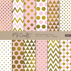May include: Set of 12 digital papers featuring pink and gold geometric patterns. The patterns include polka dots, hearts, diamonds, zigzags, and triangles. The papers are 12 inches by 12 inches and 300 dpi.