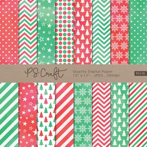 May include: Set of 12 digital papers featuring Christmas patterns in red, green, and white. The patterns include polka dots, stars, snowflakes, chevron, stripes, and Christmas trees. The papers are 12 inches by 12 inches and 300 dpi.
