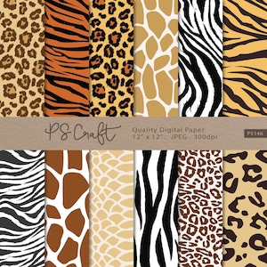 Puede incluir: Conjunto de 10 papeles digitales con patrones de estampado animal. Los patrones incluyen estampados de leopardo, tigre, cebra y jirafa en varios colores, incluyendo marr&oacute;n, negro, blanco y naranja. Los papeles miden 30,48 cm por 30,48 cm y 300 dpi.